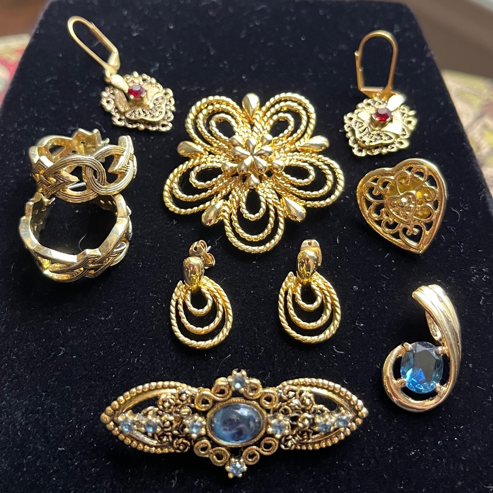 Gold tone and gem lot of 10 pcs. Pins, Earrings, tack pin, and pendant.
